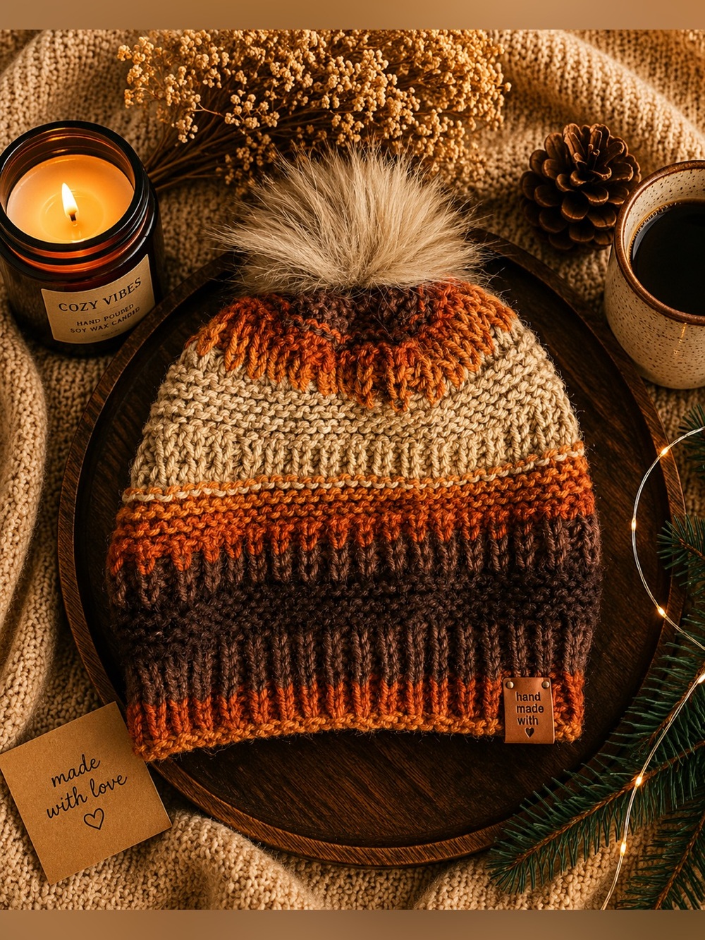 Handmade Cozy Knit Pom Beanie in Brown and Cream